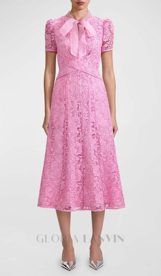 FLARED-HEM LACE MIDI DRESS IN PINK DRESS OH CICI 