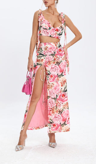 FLORAL DESIGN TWO PIECE SET IN PINK DRESS STYLE OF CB 