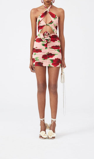 FLORAL- PRINT HALTER MINI DRESS IN CHERRY BLOSSOM DRESS STYLE OF CB 