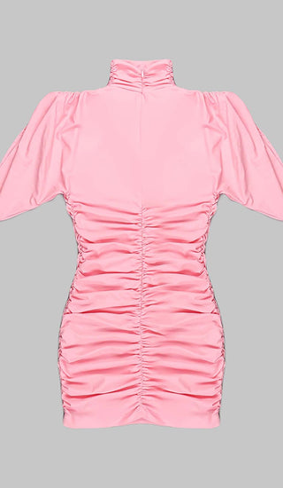 FLOWER-EMBELLISHED RUCHED MINI DRESS IN PINK DRESS STYLE OF CB 