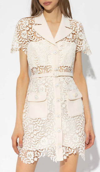 GUIPURE IVORY LACE FLAP POCKETS JACKET DRESS