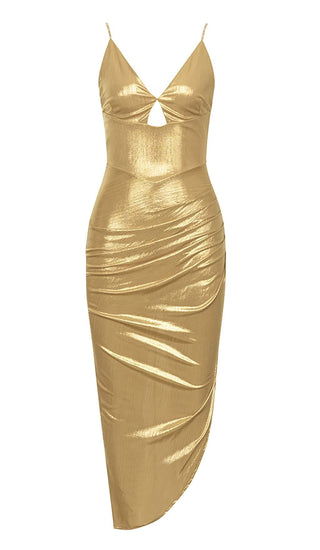 HIP WRAP SLIT MIDI DRESS IN GOLD DRESS STYLE OF CB 