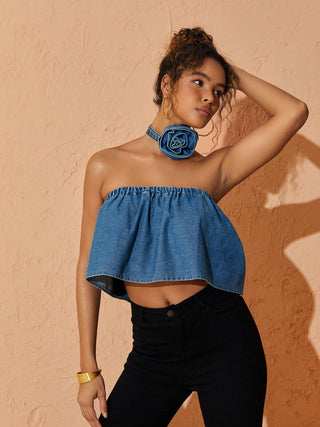 STRAPLESS DENIM TOP WITH CHOKER Tops Oh CICI 