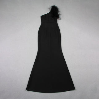 BLACK ONE SHOULDER COLUMN GOWN WITH FEATHERS