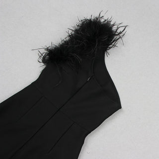 BLACK ONE SHOULDER COLUMN GOWN WITH FEATHERS