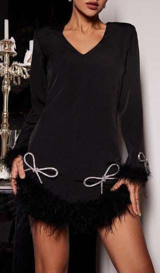 LONG SLEEVE BOW CRYSTAL FEATHER DRESS