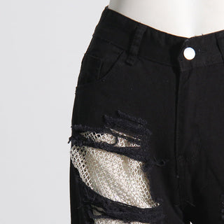 PANTALON EN JEAN PATCHWORK EN MAILLE DIAMANT