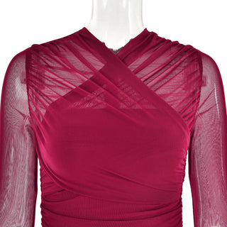 LONG SLEEVE RUCHED MESH DRESS IN WINE