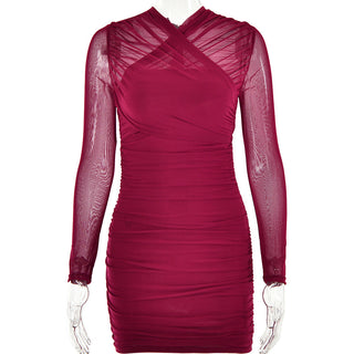 LONG SLEEVE RUCHED MESH DRESS IN WINE