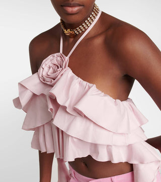 RUFFLE-DETAIL HALTER CROP TOP IN PINK DRESS styleofcb 