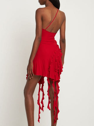 ROSE-DETAIL RUFFLED MINI DRESS IN RED DRESS styleofcb 