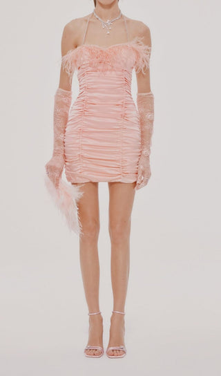 RUCHED FEATHER MINI DRESS IN PINK Dresses styleofcb 