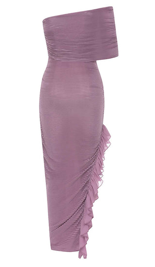 RUFFED OFF SHOULDER HIGH LOW DRESS IN LAVENDER styleofcb 