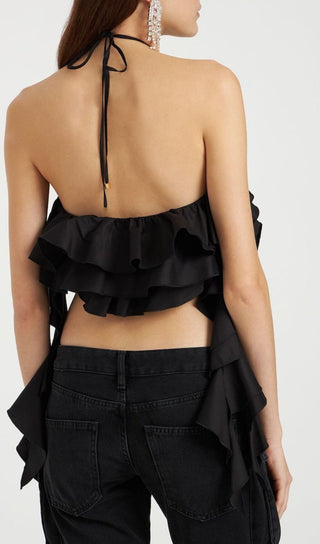 RUFFLE-DETAIL HALTER CROP TOP IN BLACK DRESS STYLE OF CB 