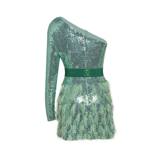 ONE-SHOULDER  FEATHER SEQUINS MINI DRESS