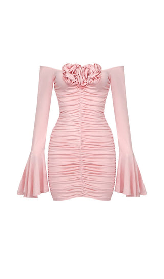 FLOWER-EMBELLISHED RUCHED MINI DRESS IN COTTON CANDY DRESS STYLE OF CB 